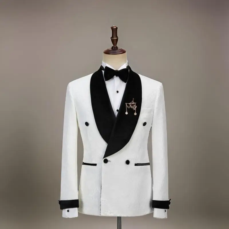 Double Breasted Floral Suits for Men Wedding 2024 Black Velvet Shawl Lapel Groom Tuxedo Tailor made Suit Jacket with Pants