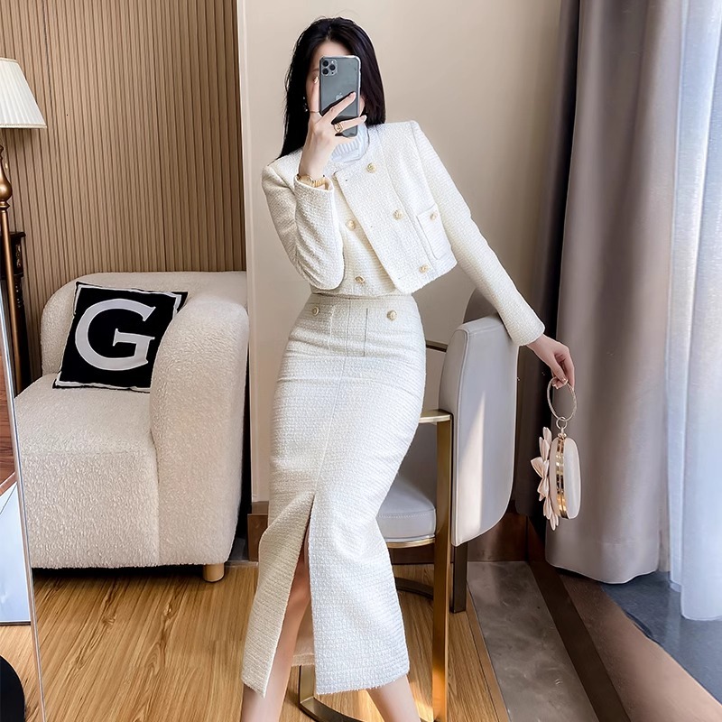 Small Fragrance Coarse Tweed Two-Piece Set Womens Elegance Temperament O-Neck Short Coat+Split Skirts Spring Autumn Suits New