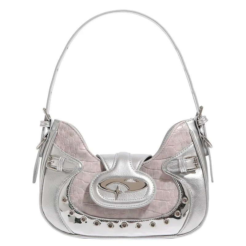 MBTI Y2k Womens Shoulder Bag Gothic Silver Patchwork Harajuku Fashion Handbag Niche Casual Cool Female Motorcycle Bag 240926
