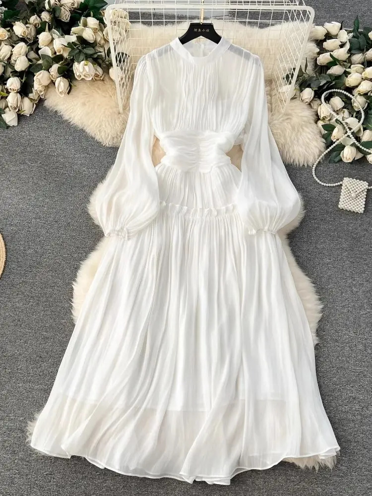 French Folds Wedding Formal Occasion Dresses For Womens Stand Puff Sleeve Chic A-Line Pleated Shine Robe Clothes Holiday 240929