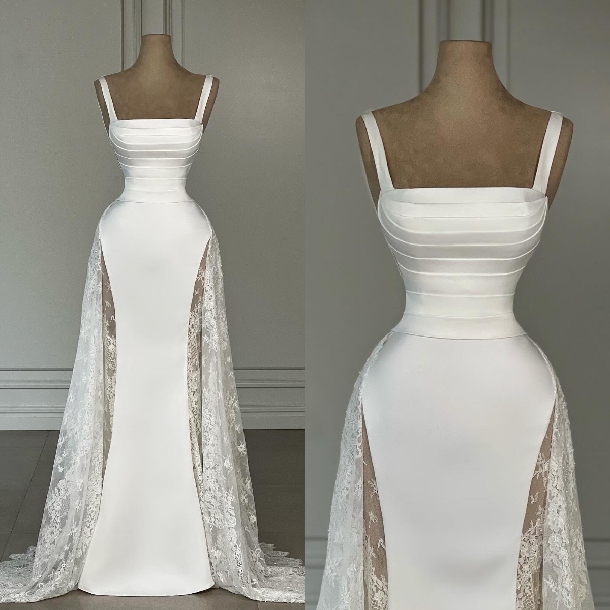 Gorgeous lace satin mermaid dresses bridal gowns overskirts straps pleats bodice wedding dress plus size backless vestidos de novia