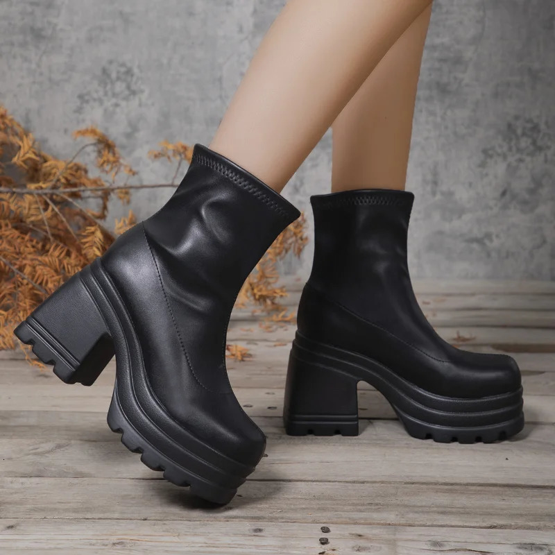 Womens fashion short sexy leather boots square toe zipper high heels casual thick soled womens shoes atos 240927 4
