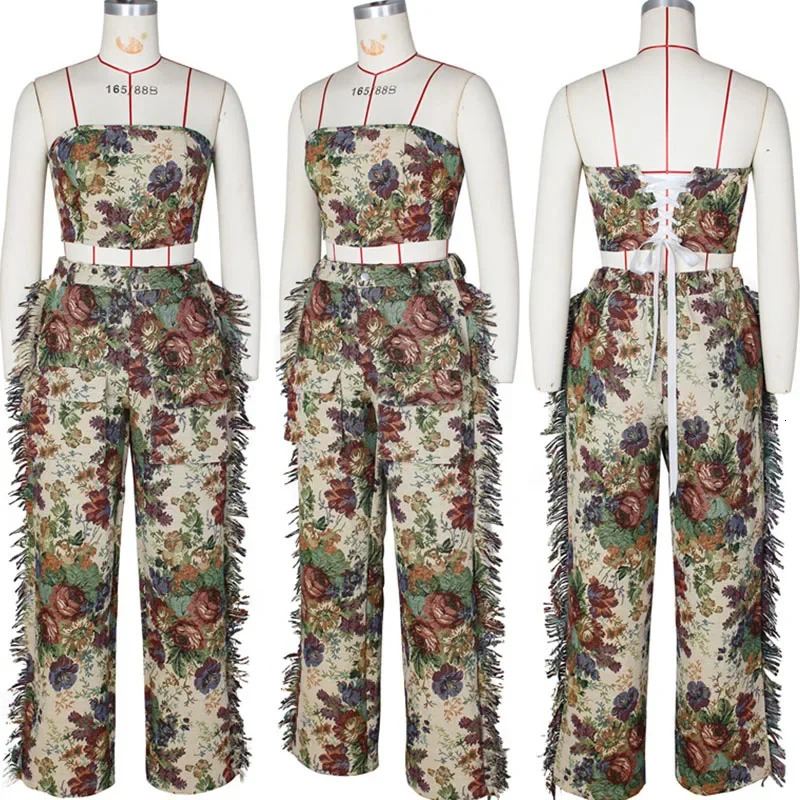 Floral print twopiece womens suit Y2K birthday party strapless crop top and side fringed wide leg pants 240929