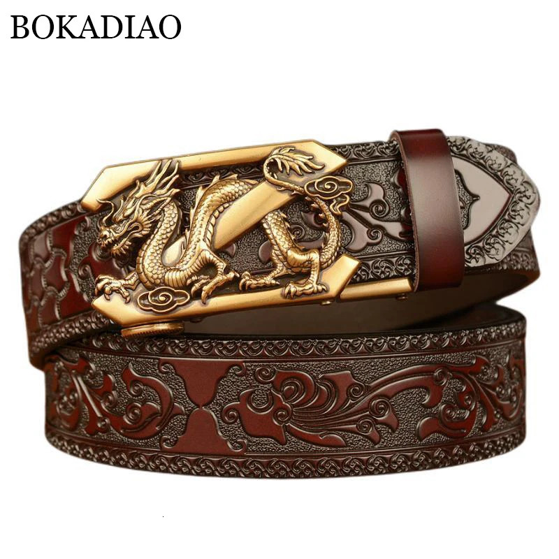 BOKADIAO Mens Genuine Belt Golden Dragon Metal Automatic Buckle Cowboy Belt Mens Jeans Belt Mens Belt 240925