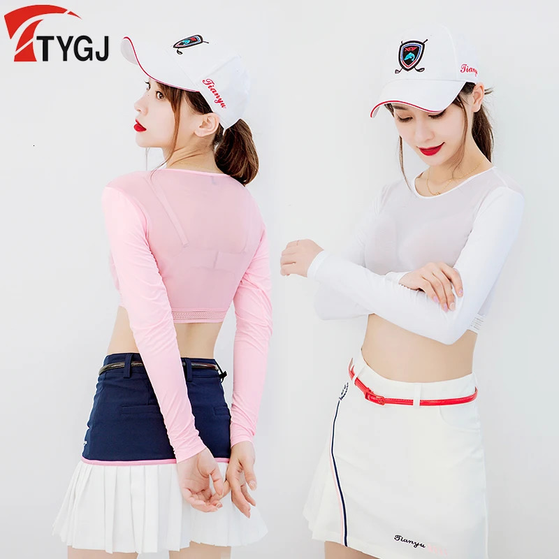 Womens thin golf shirt Sunscreen Inside Wear Cropped Tops long sleeved UV resistant arm sleeves ice silk bottom golf shirt 240930