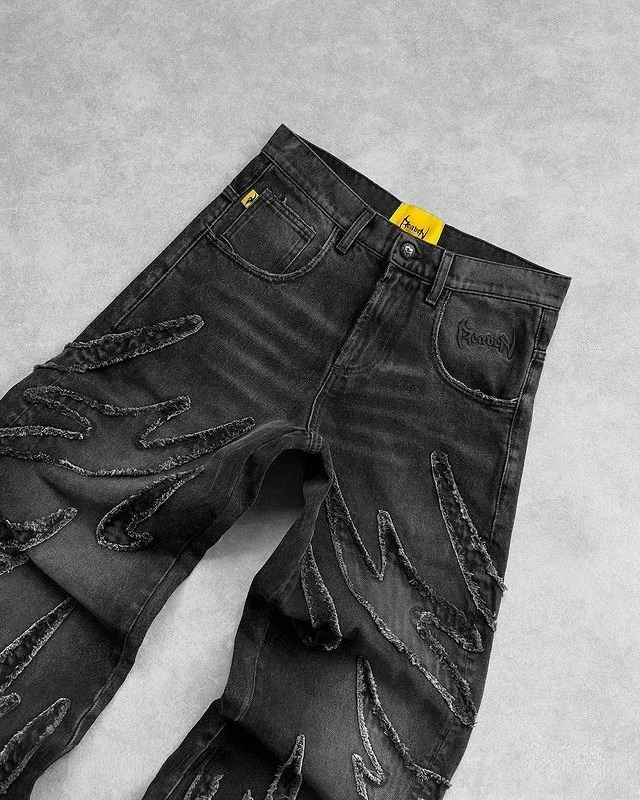 90s streetwear retro Hip Op flame embroidery loose high waisted mens jeans womens Y2K Shin Harajuku Gothic wide leg pants 240925