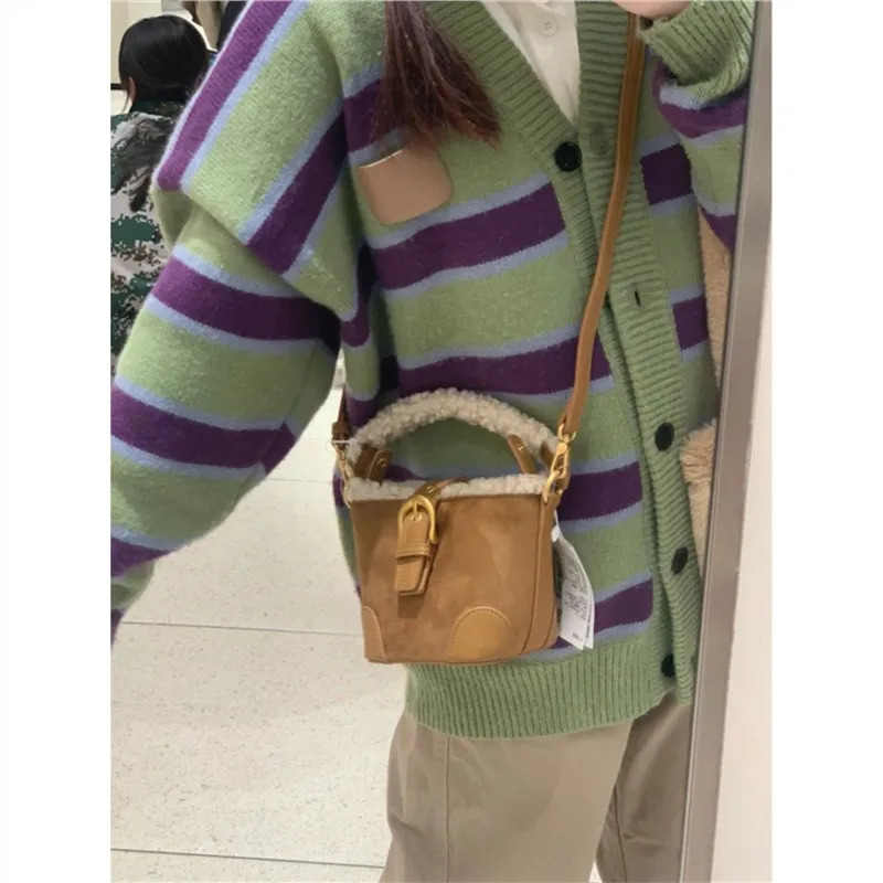 Vintage Suede Bucket Bags faux Lamb Wool Patchwork Handbags Retro Faux Fur Shoulder Crossbody Bag Small Tote Female Purses 240930