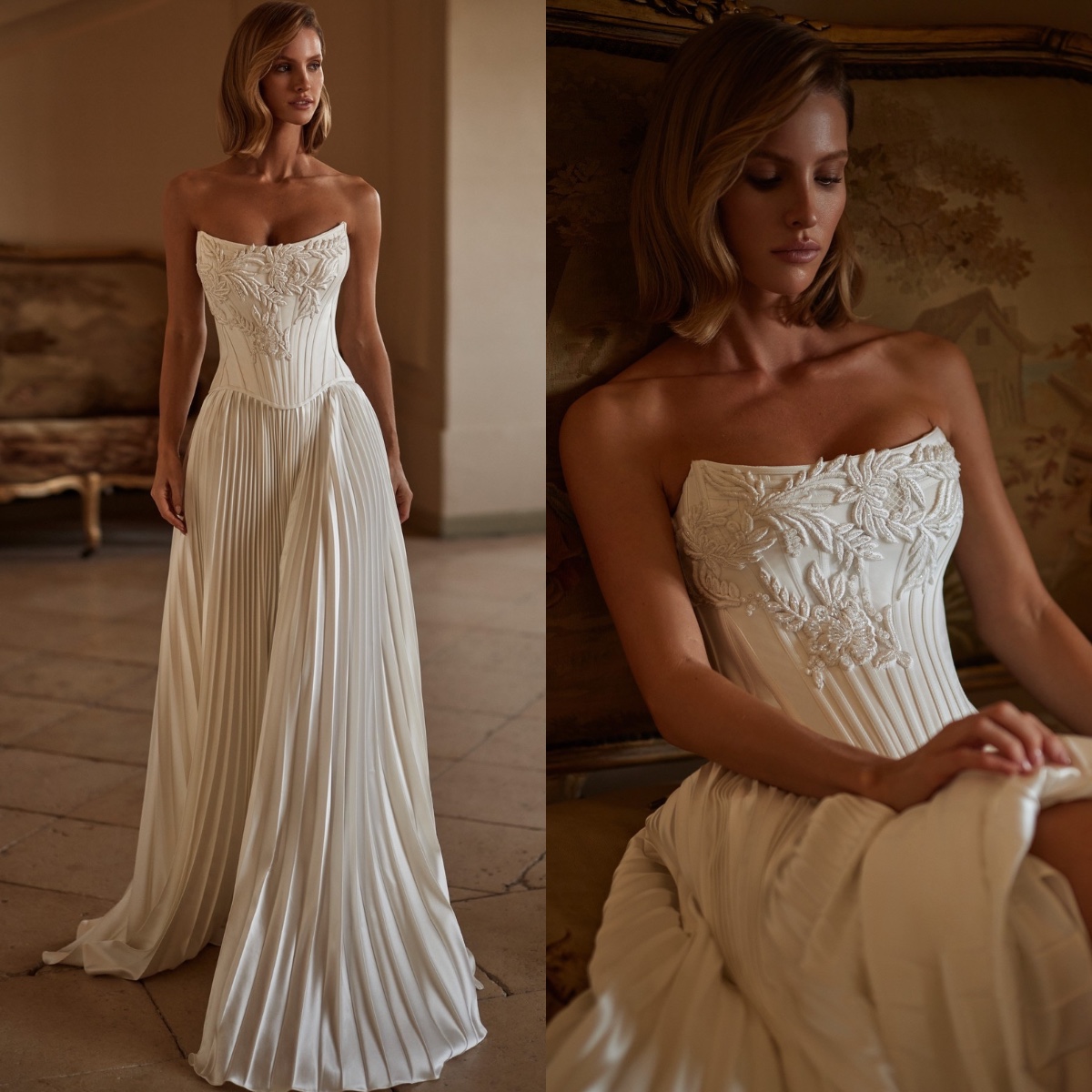 Milla Nova A e dresses bridal gowns appliqued strapless boho wedding dress bone bodice ruched pleated skirt backless vestidos de novia