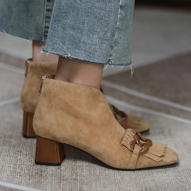 AutumnWinter Women Sheep Suade Toe Square Heel Mid-Heel Ankle Boots Fringed Zipper Fashion Office Lady Shoes 240927 4