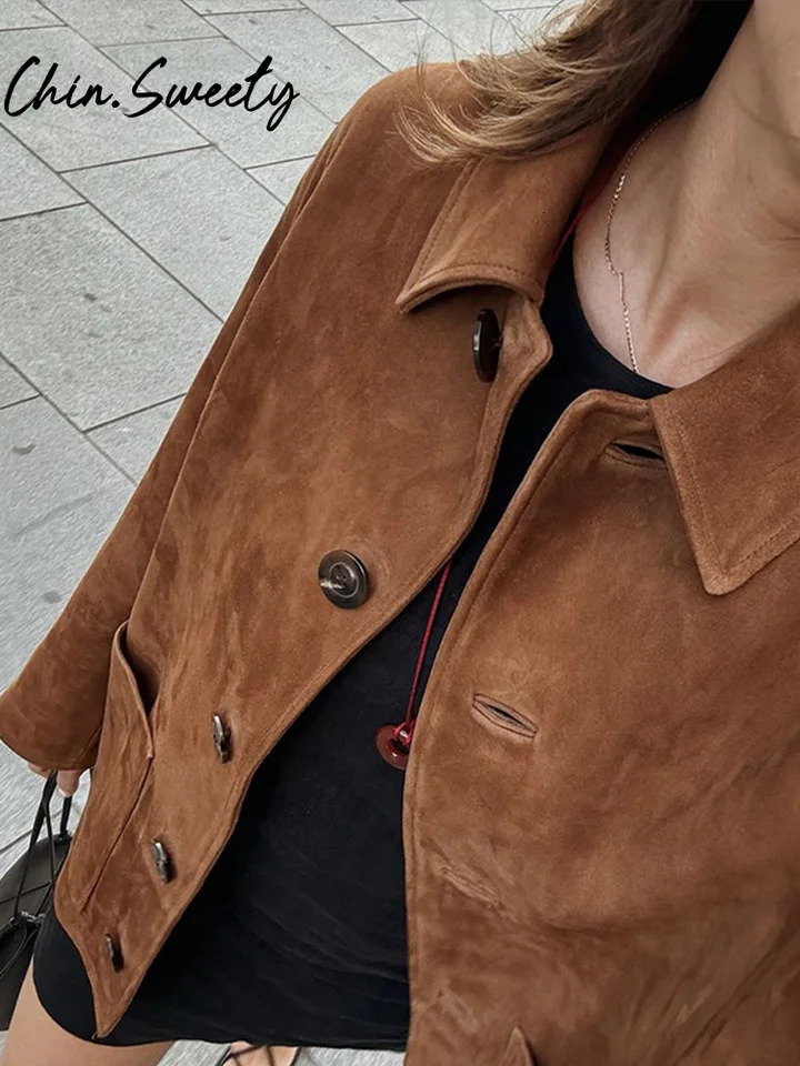 Retro brown suede womens streetwear loose single chest pocket long sleeved womens jacket autumn winter womens jacket 240925