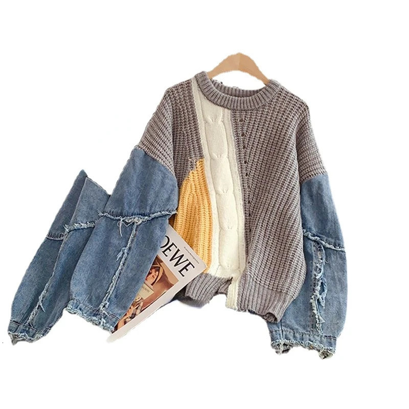 Loose Lazy Knitting Jacket Pullover Denim Sleeves Splicing Fashionable Comfortable Leisure Autumn and Winter 240930