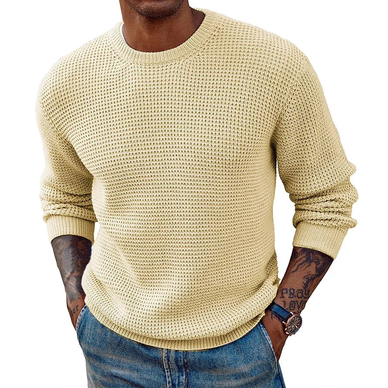 Fashionable solid color knitted jumper top mens retro O-neck long sleeved knitted sweater spring/summer sweater 240930