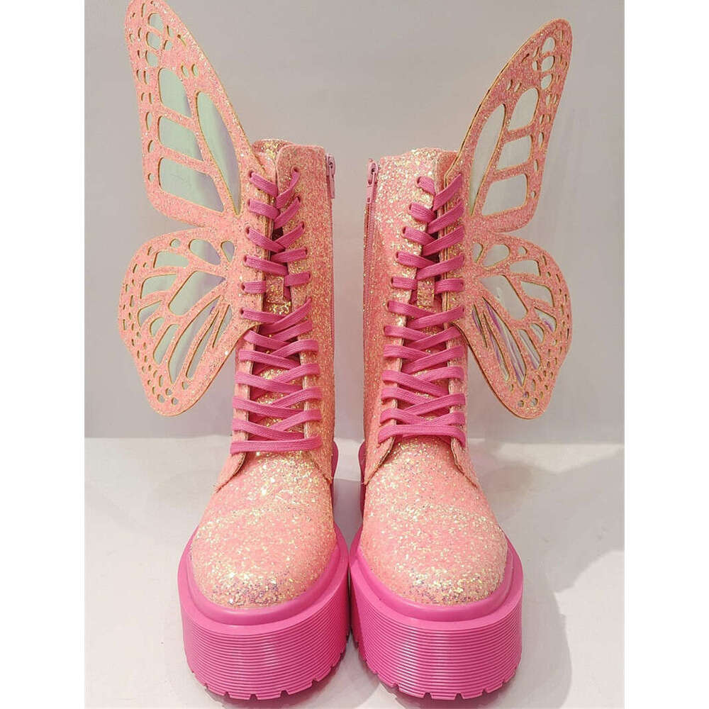 Butterfly Wings Women Ankle Boots Pink Riding Combat Boot Ladies Flat Rubber Botas Mujer Thick Sole Platform Shoes