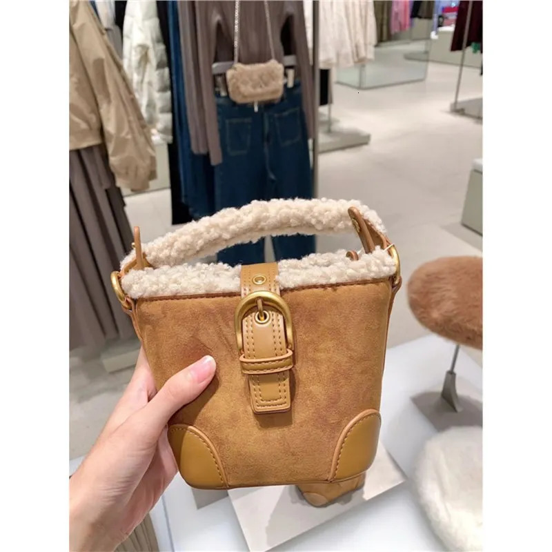 Vintage Suede Bucket Bags faux Lamb Wool Patchwork Handbags Retro Faux Fur Shoulder Crossbody Bag Small Tote Female Purses 240930
