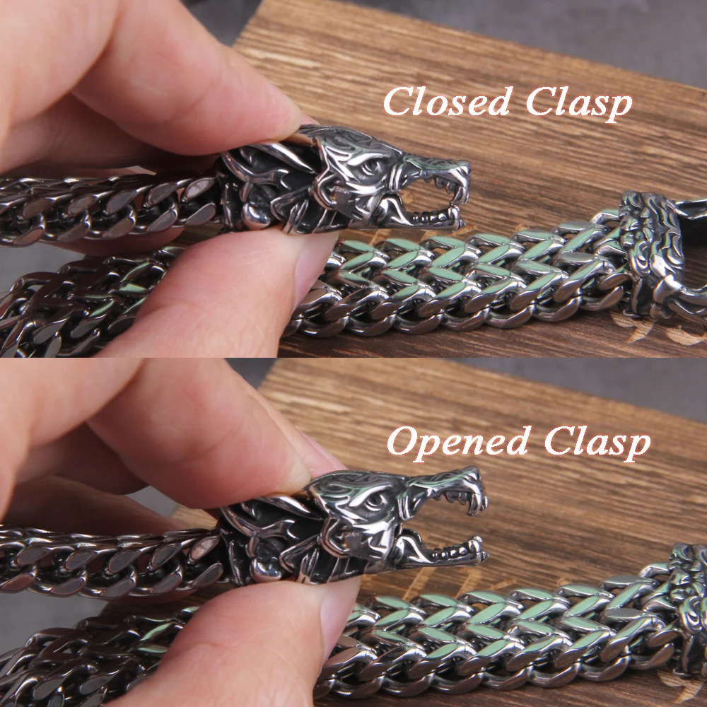 Never Fade Rock Viking Wolf Bracelet Mens Stainless Steel Mesh Chain Can Open Wolf Mouth Punk Bracelet Bicycle Jewelry 240925