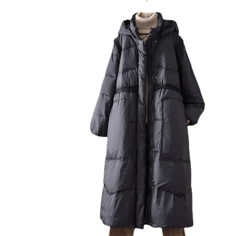 Winter White Duck Down Womens Hooded Loose Long Coat European Fashion Warm Womens Chiffon Coat 240926