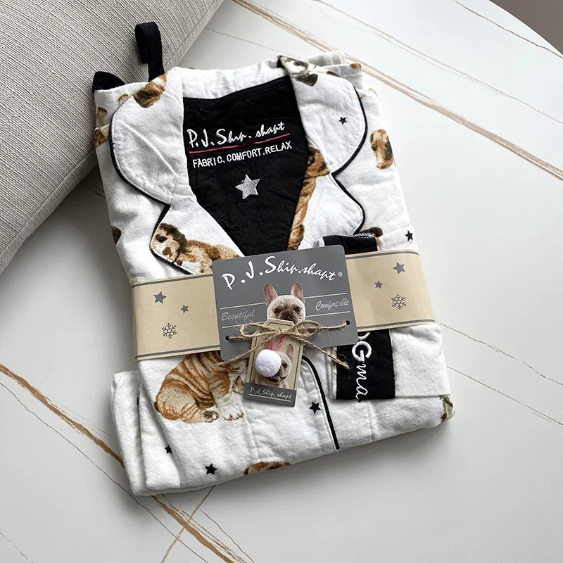 Autumn and Winter Womens PJS Cotton Wool Sleepwear Warm Thick Cartoon Long Sleeve Pants Sleepwear Womens Sleepwear 240929