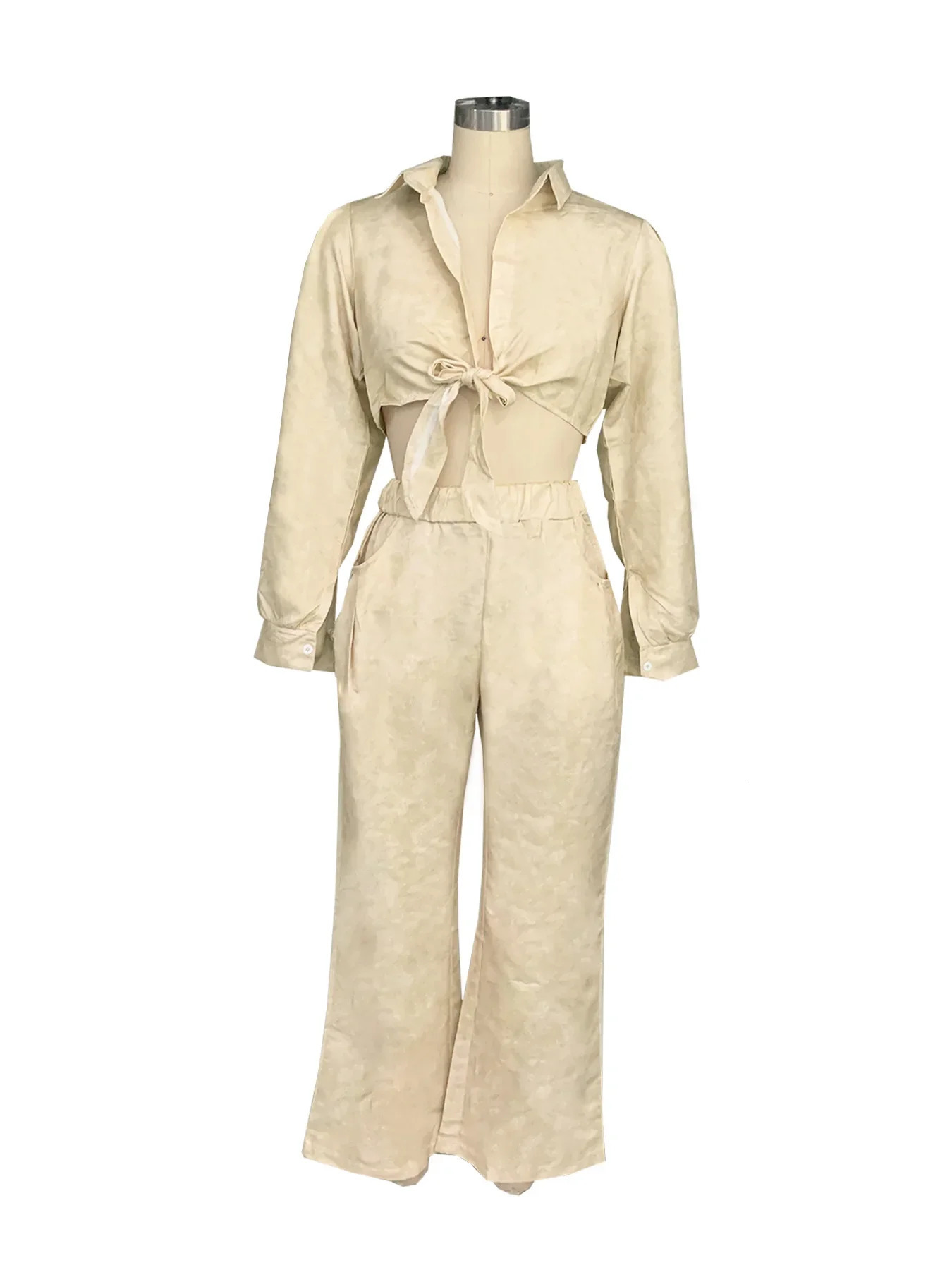 CM YAYA Womens Set with Lace up Long Sleeve Shirt and Pocket Loose Wide Leg Pants Autumn Street Two Piece 240929