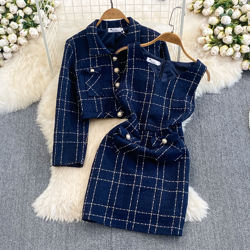 Women Checkered Tweed Blazer 2-Piece Set Elegant Small Fragrance Wind Outfit Cropped Jacket+Mini Dresses Suit For Spring Autumn