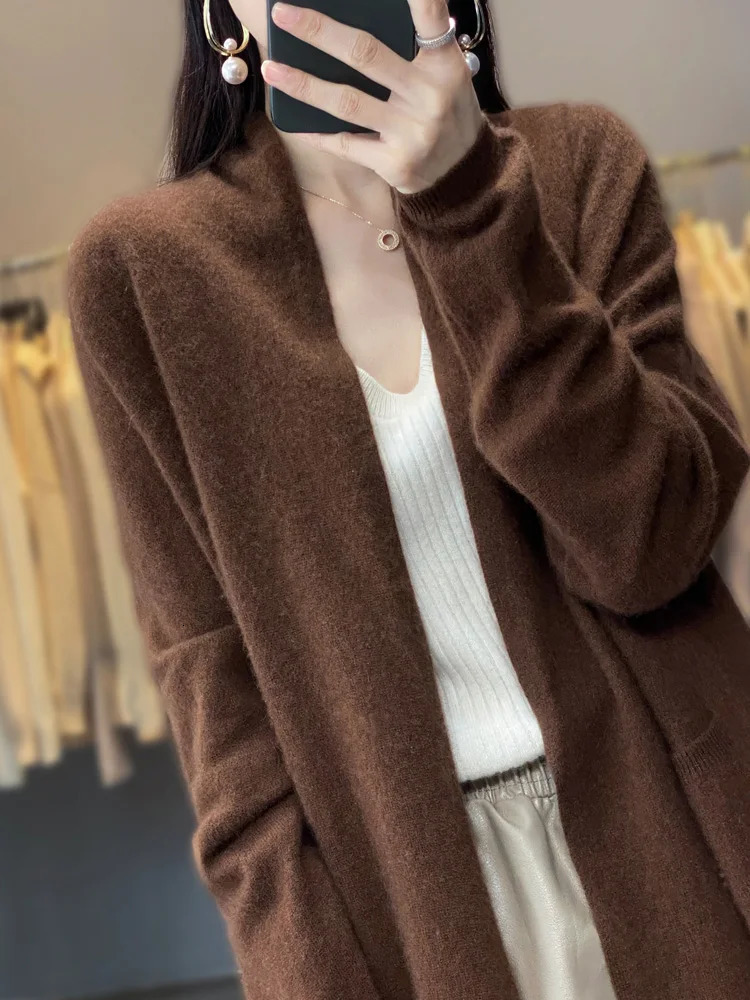 100 Merino Wool Spring Autumn Womens Cardigan Long Sleeve Sweater Solid Color Loose Warm Knitwear Fashion Female Coat 240924