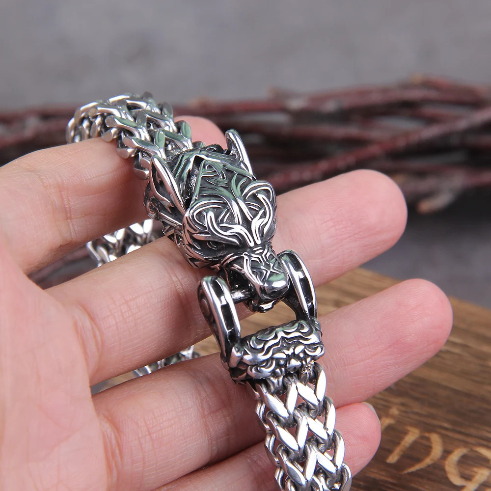 Never Fade Rock Viking Wolf Bracelet Mens Stainless Steel Mesh Chain Can Open Wolf Mouth Punk Bracelet Bicycle Jewelry 240925