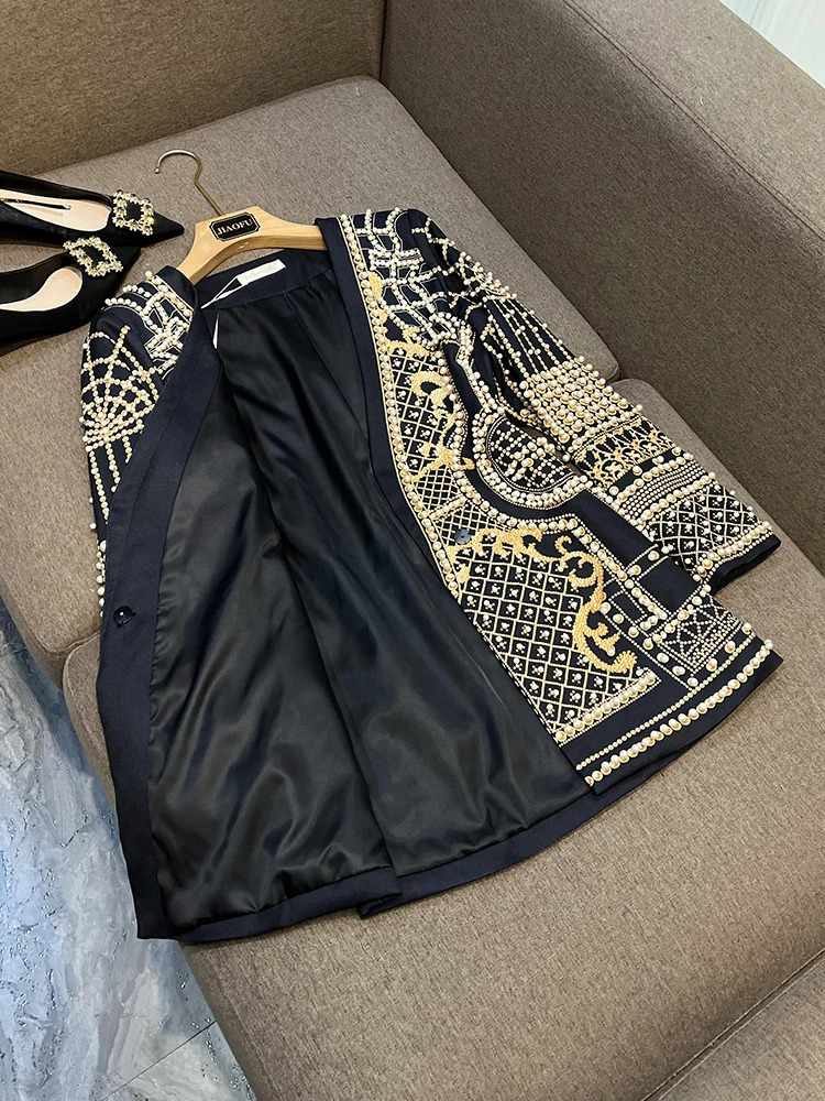 Fine Workmanship Beads Women Coat Retro Printed V-neckline Hidden Snap Ladys Fall Winter Blazer 240920
