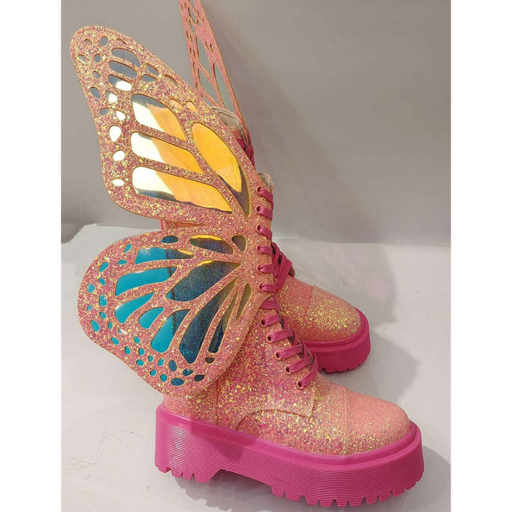 Butterfly Wings Women Ankle Boots Pink Riding Combat Boot Ladies Flat Rubber Botas Mujer Thick Sole Platform Shoes