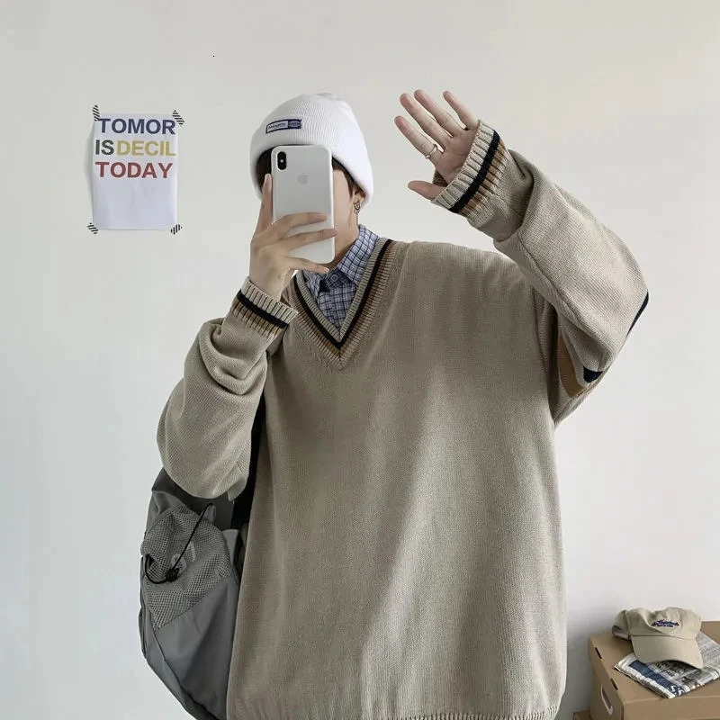 Mens V-neck pullover autumn sweater student uniform set college style Korean winter knitted loose couple long sleeved top 240930
