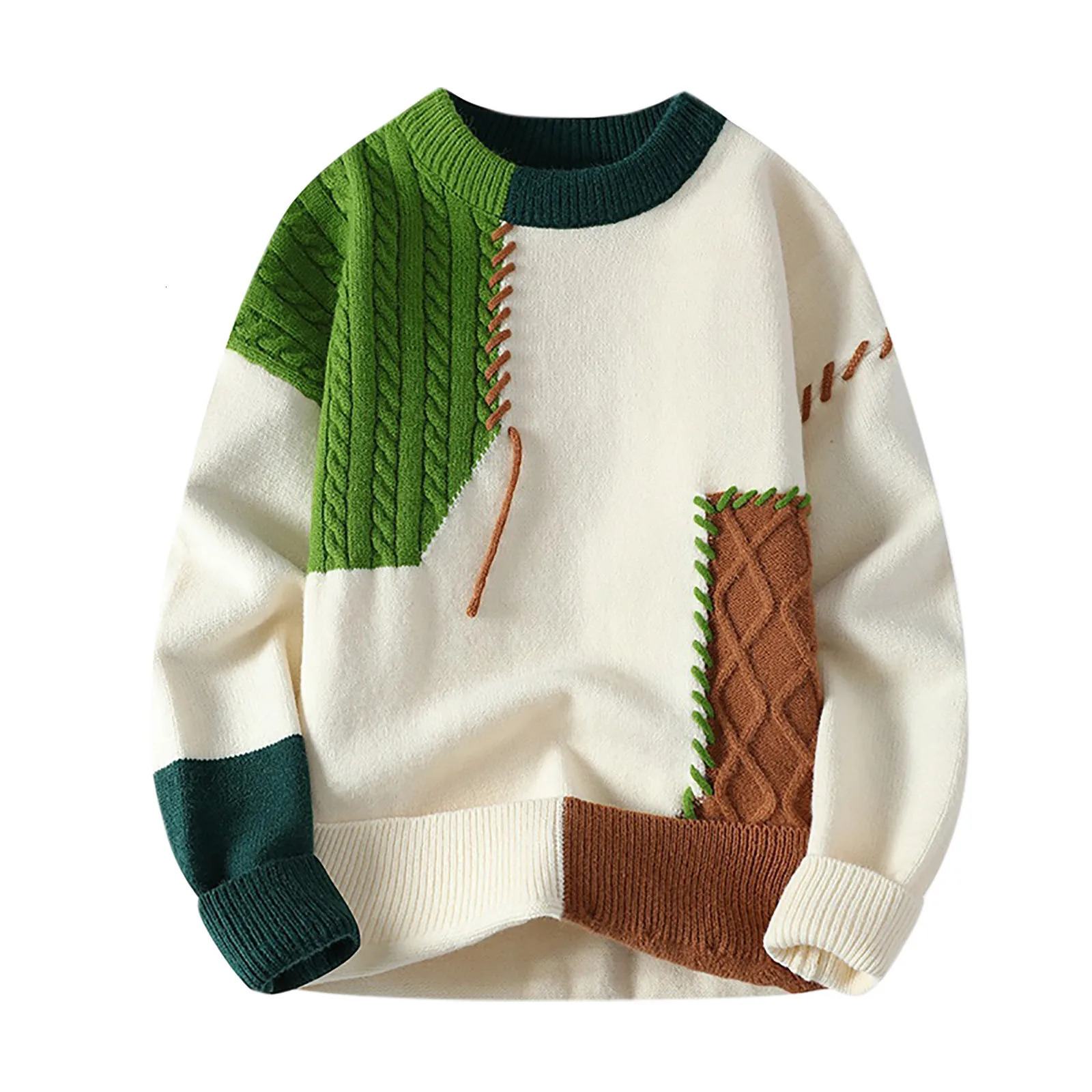 Autumn and winter mens colored blocking sweater mens knitted pull-out O-neck knitted sweater warm mens jumping casual sweater 240930