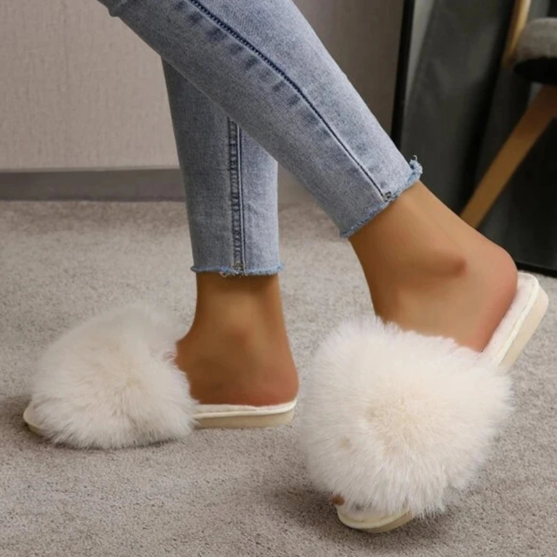 Womens Slippers Winter Simple Words Fur Apartment Soft Home Womens Slippers Artificial Fur Warm Bedroom Casual Womens Shoes 240925