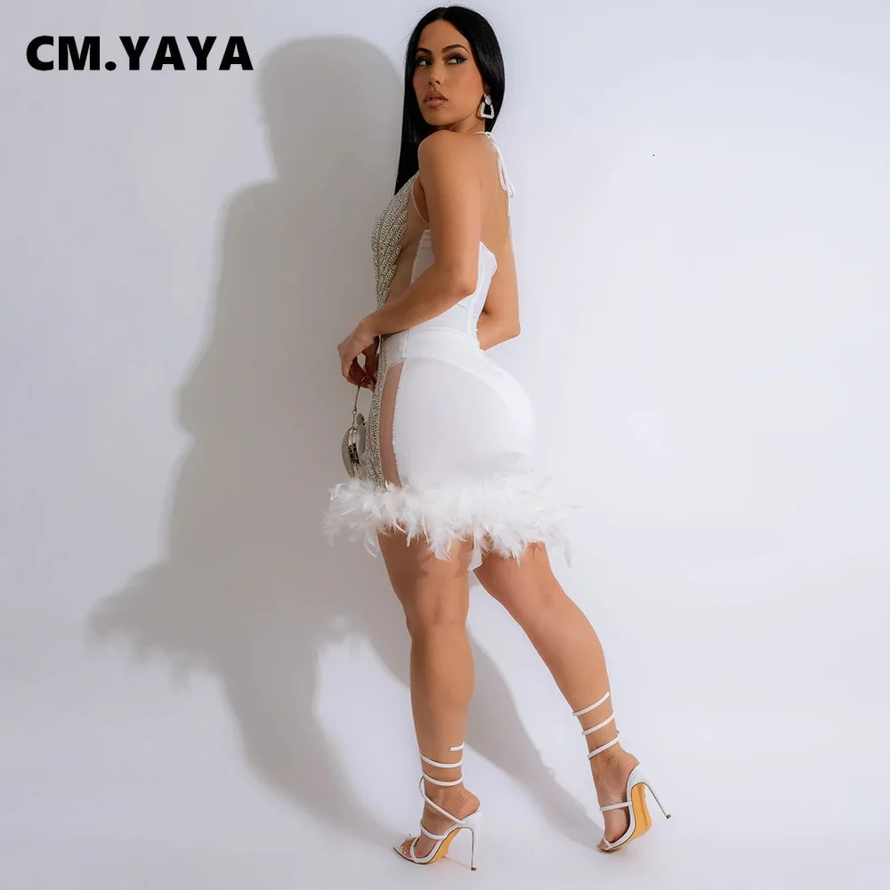 CM.YAYA Womens Sequeined See Through Feather Strap INS Bodycon Mini Dress Summer Sexy Night Party Club Ball Dress 240930
