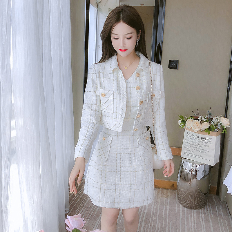 Women Checkered Tweed Blazer 2-Piece Set Elegant Small Fragrance Wind Outfit Cropped Jacket+Mini Dresses Suit For Spring Autumn
