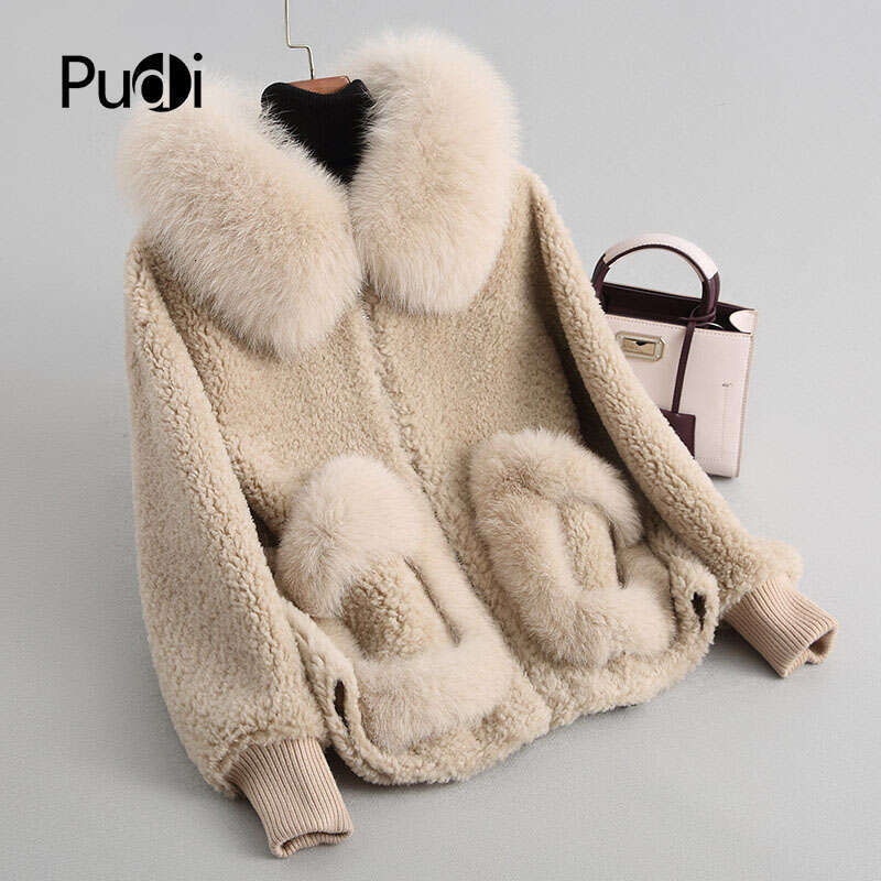 PUDI A18103 Women's Winter Warm Fox Fur Hood Lady Real Wool Long Coat Jacket Overcoat