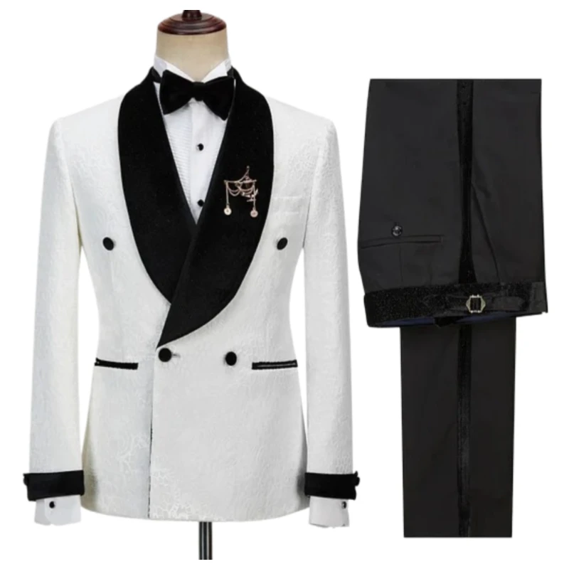 Double Breasted Floral Suits for Men Wedding 2024 Black Velvet Shawl Lapel Groom Tuxedo Tailor made Suit Jacket with Pants