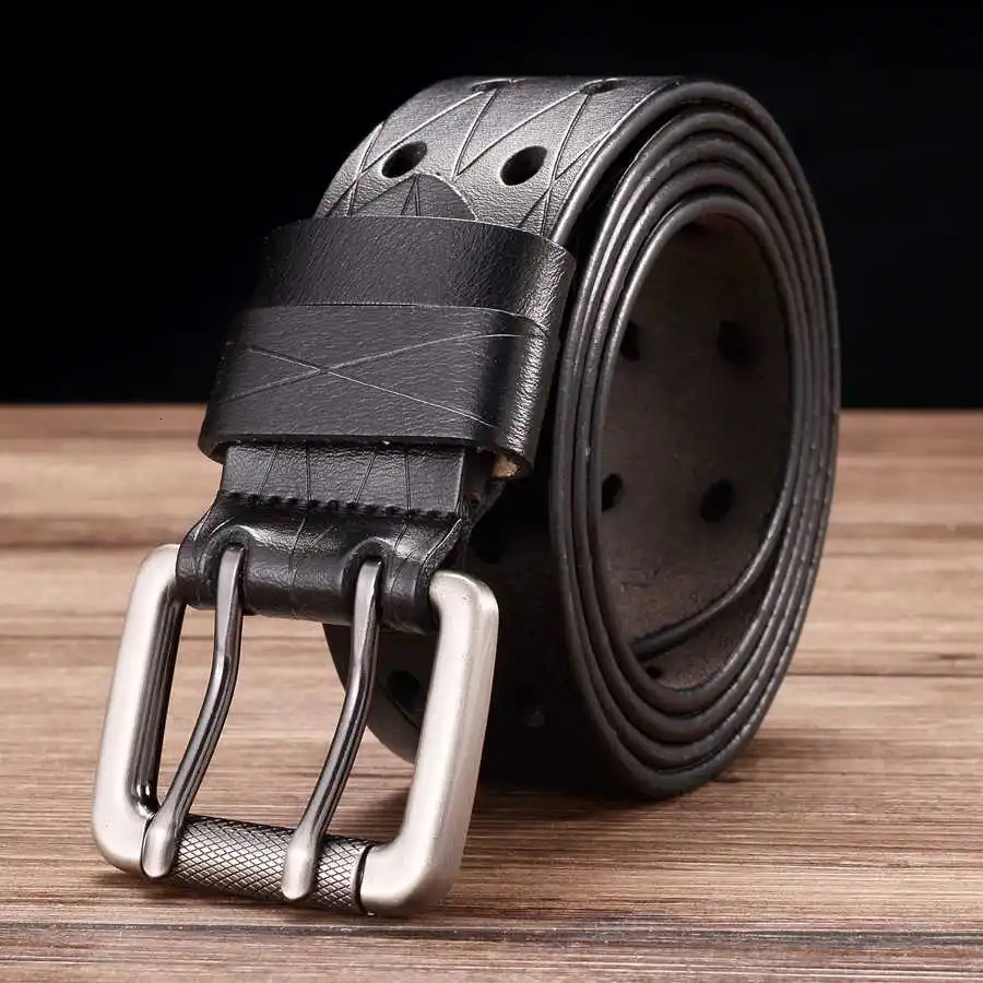Mens leather double wishbone belt classic pin buckle belt universal hollow waist belt width 3.8cm 240925
