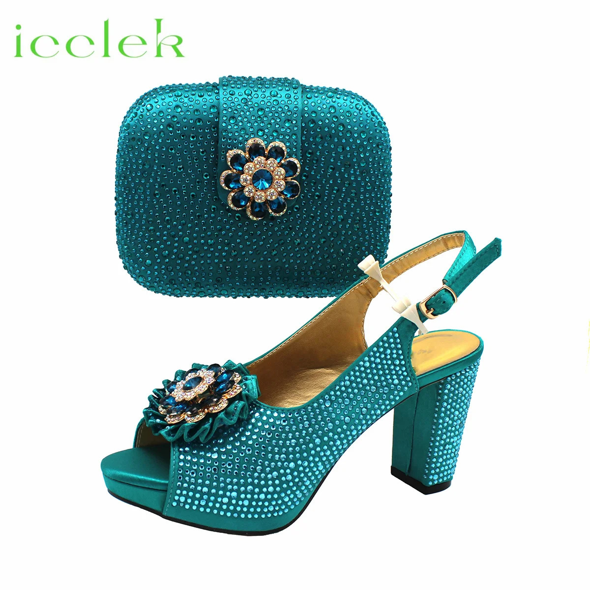 Teal Italian Summer Rhie Party Nigeria Womens Heels Fashion High Quality Wedding Shoes and Bag Set 240
