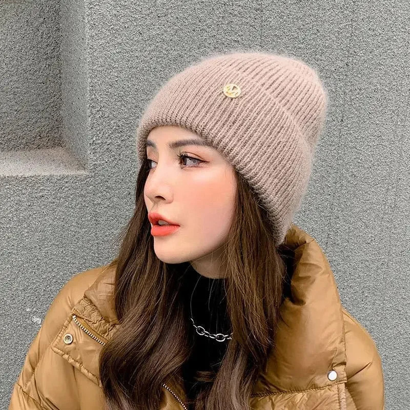 Womens wool winter hat thick cotton lining beanie hat gorilla rabbit skin womens hat Skulls solid cashmere womens hat 240924
