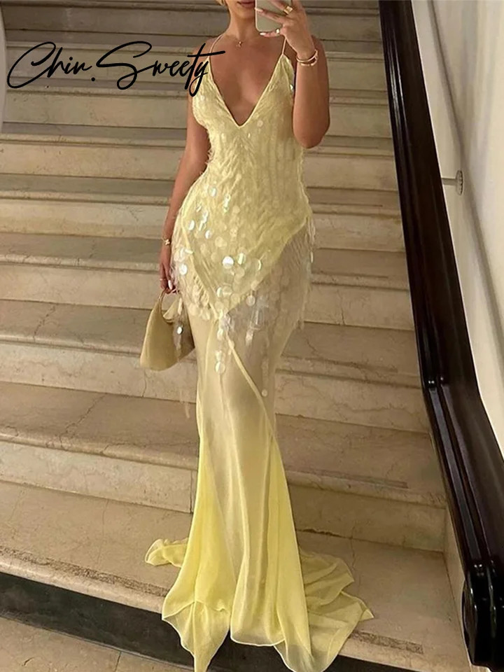 Sequin camisole womens evening dress sexy patch work sleeve backless deep V-neck womens party dress happy womens dress 240930