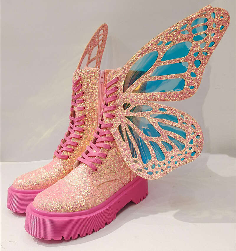 Butterfly Wings Women Ankle Boots Pink Riding Combat Boot Ladies Flat Rubber Botas Mujer Thick Sole Platform Shoes