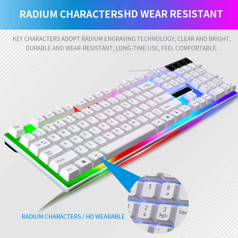 USB Wired Keyboard Mouse Set LED Rainbow Color Backlight Gaming Computer 240929