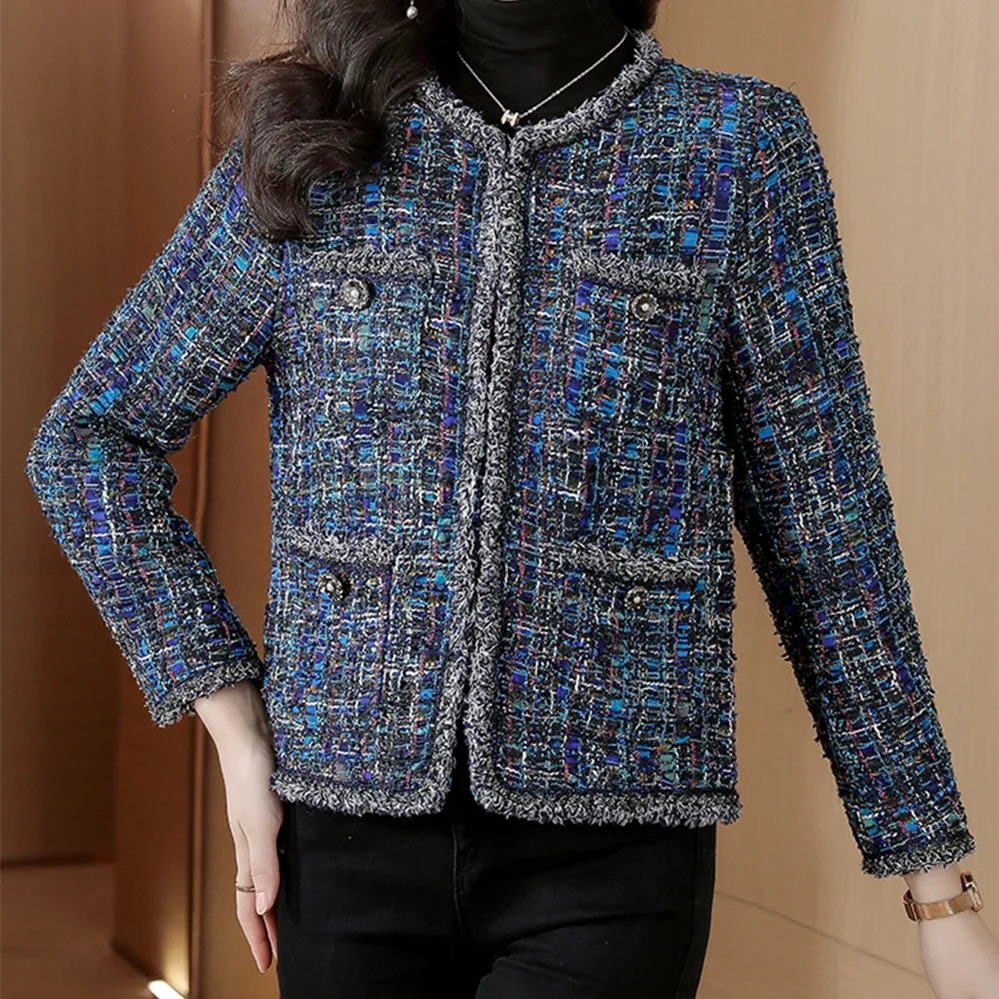 Blue tweed jacket suitable for springautumnwinter womens top small perfume style highend social classic 240924