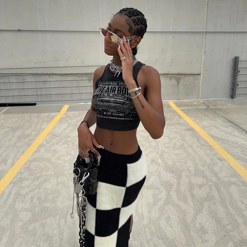 European and American Style Autumn Womens Fashion High Waisted Slim Fit Slit Hip Hugging Checkerboard Half Skirt for Women 240919