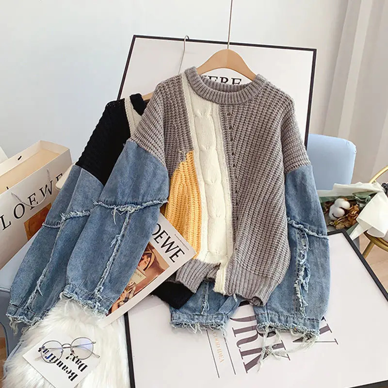 Loose Lazy Knitting Jacket Pullover Denim Sleeves Splicing Fashionable Comfortable Leisure Autumn and Winter 240930