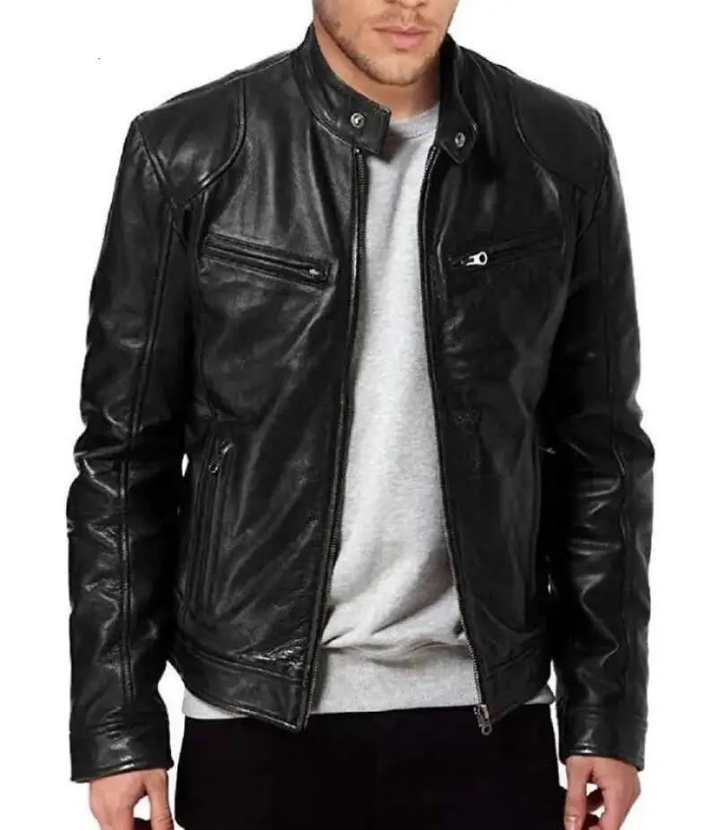 Fashion Mens Leather Jacket Slim Fit Stand Collar PU Male Antiwind Motorcycle Lapel Diagonal Zipper Jackets Men 240927