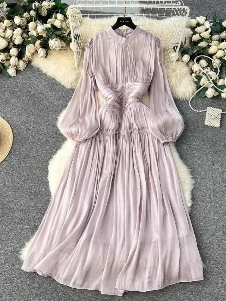 French Folds Wedding Formal Occasion Dresses For Womens Stand Puff Sleeve Chic A-Line Pleated Shine Robe Clothes Holiday 240929
