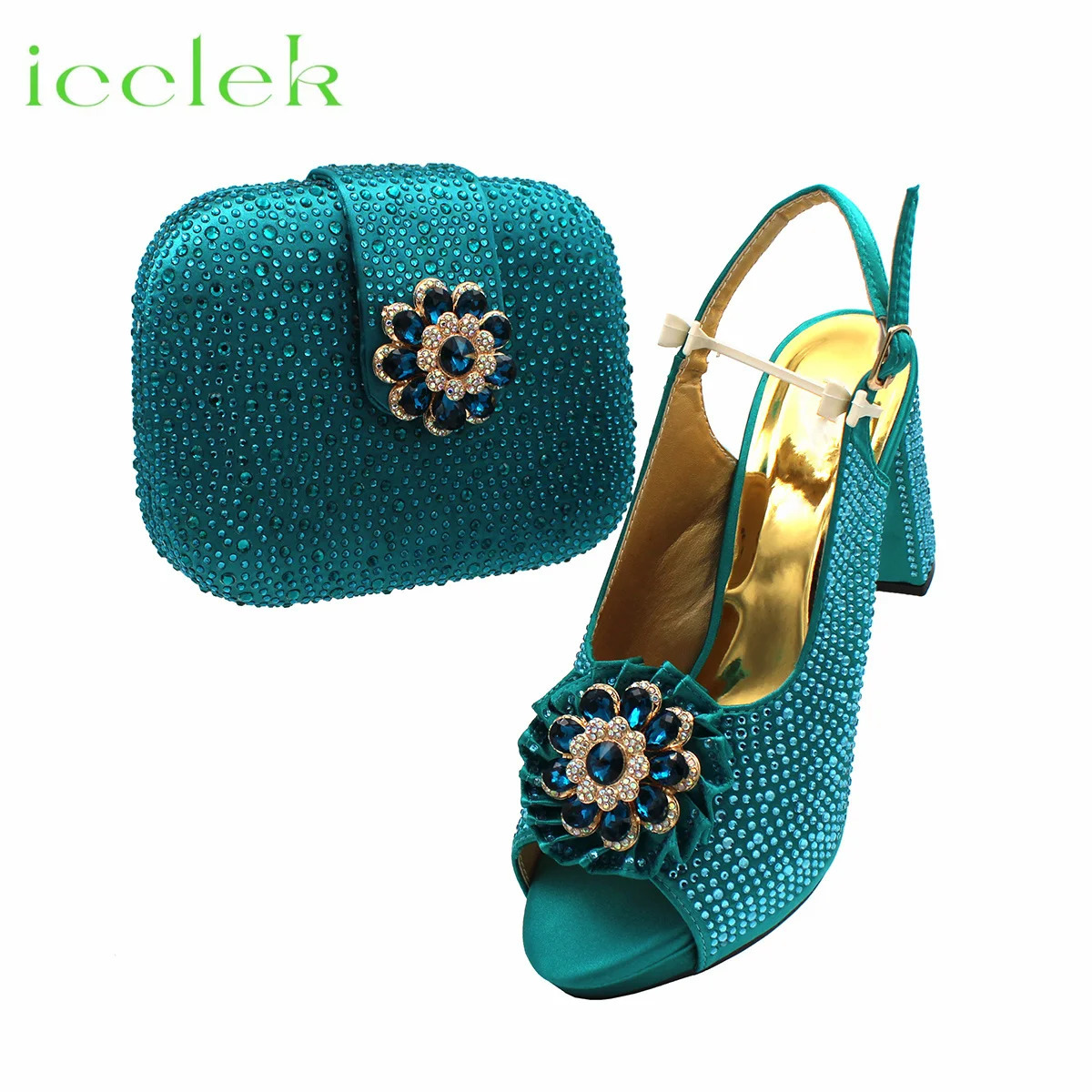 Teal Italian Summer Rhie Party Nigeria Womens Heels Fashion High Quality Wedding Shoes and Bag Set 240