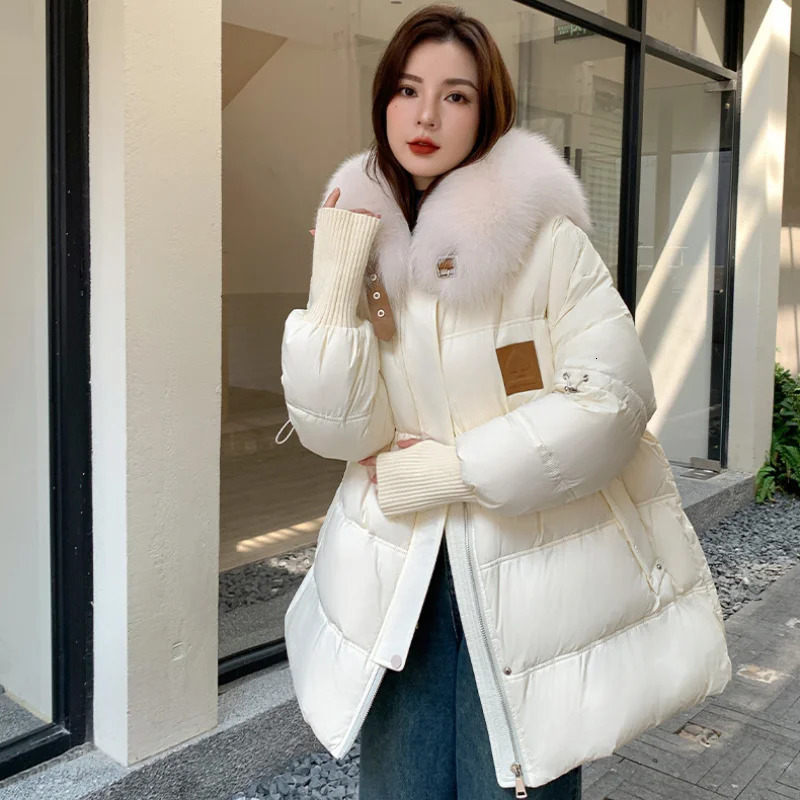 Winter womens jacket Puffer Coats mid length Coats Down big fox hair collar thick womens jacket 240926