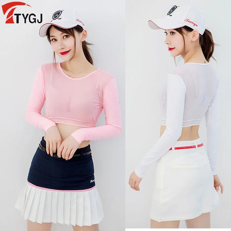 Womens thin golf shirt Sunscreen Inside Wear Cropped Tops long sleeved UV resistant arm sleeves ice silk bottom golf shirt 240930