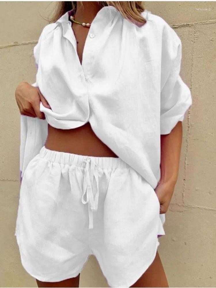 Women's Tracksuits Loose Shirt Two Piece Sets 2024 Women White Clothes Set Half Sleeve V- Neck Button-up Drawstring Shorts For