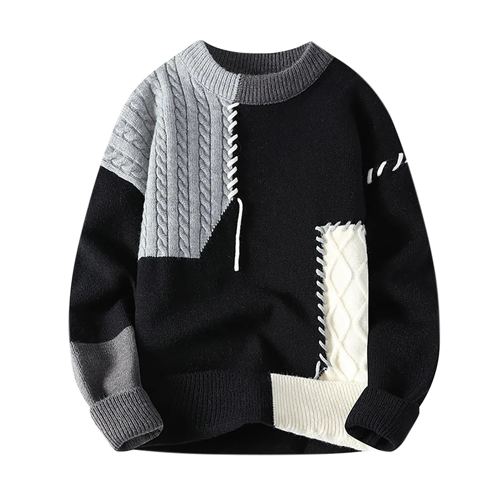 Autumn and winter mens colored blocking sweater mens knitted pull-out O-neck knitted sweater warm mens jumping casual sweater 240930